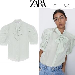 ZARA bow tie button down puff sleeve blouse XL